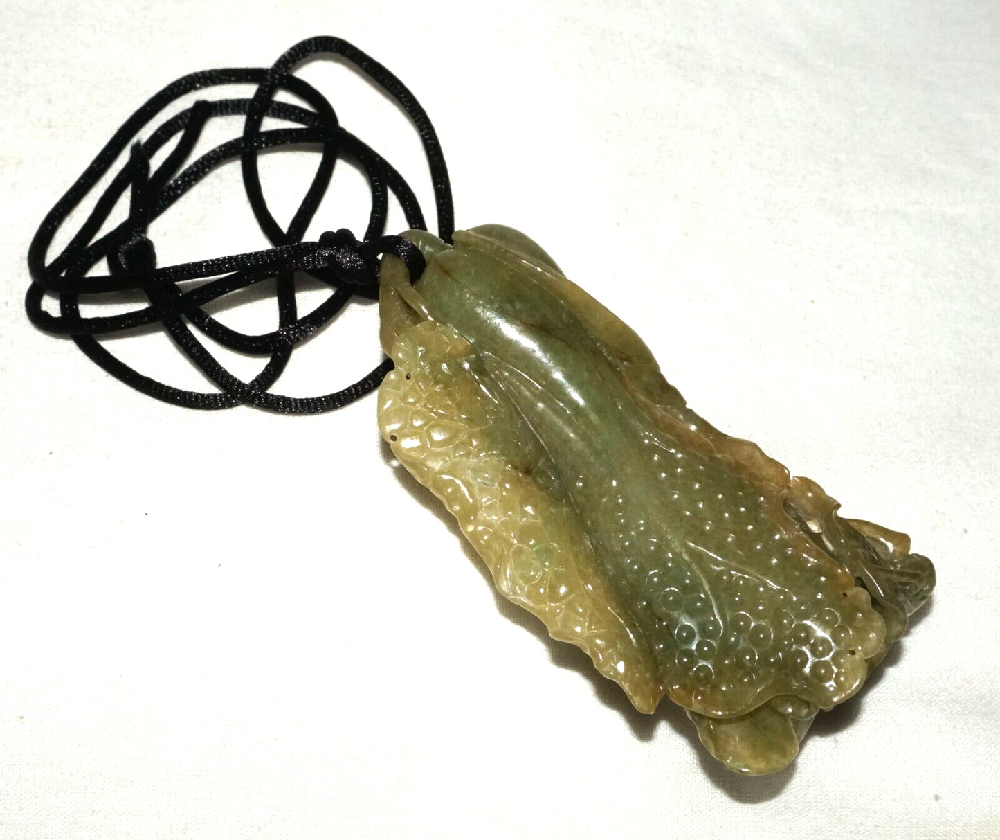 Vintage Chinese Green Jade Cabbage & Bug Motif Large Carved Pendant  (LeS)L20