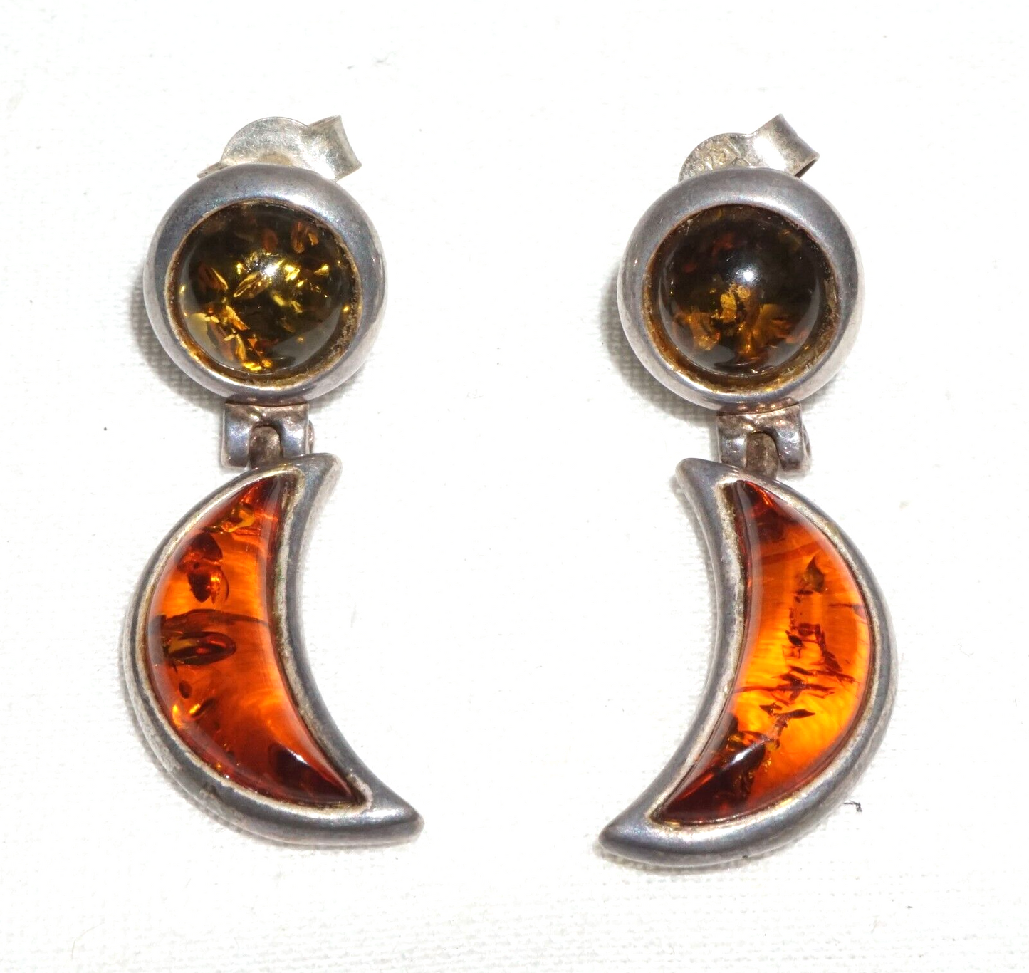 Pair Vintage Sterling Silver & Amber Hinged Dangle Earrings  (JoD)