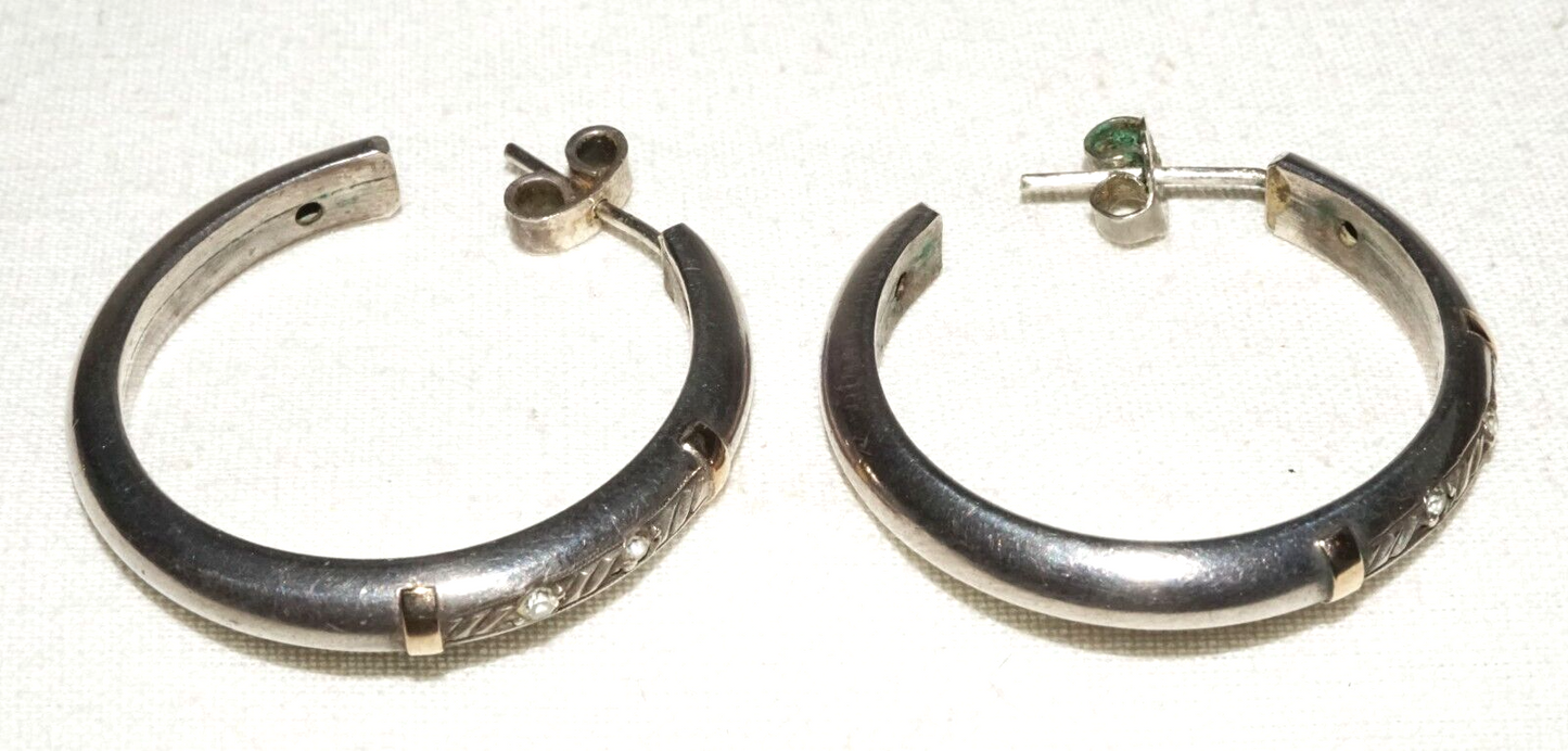 Pair Vintage US Silver Hoop Earrings w. Cubic Zirconia Accents (KiL)