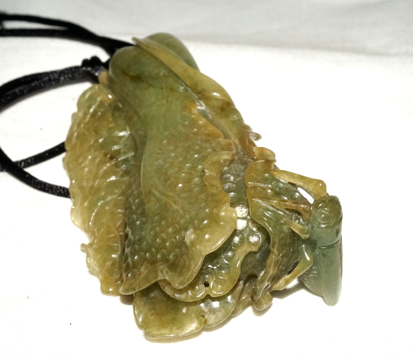 Vintage Chinese Green Jade Cabbage & Bug Motif Large Carved Pendant  (LeS)L20