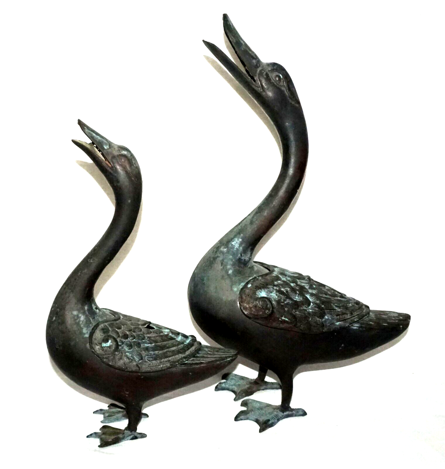 2Pc Chinese Bronze Incense Burners w. Squawking Geese Motif  (NiC)