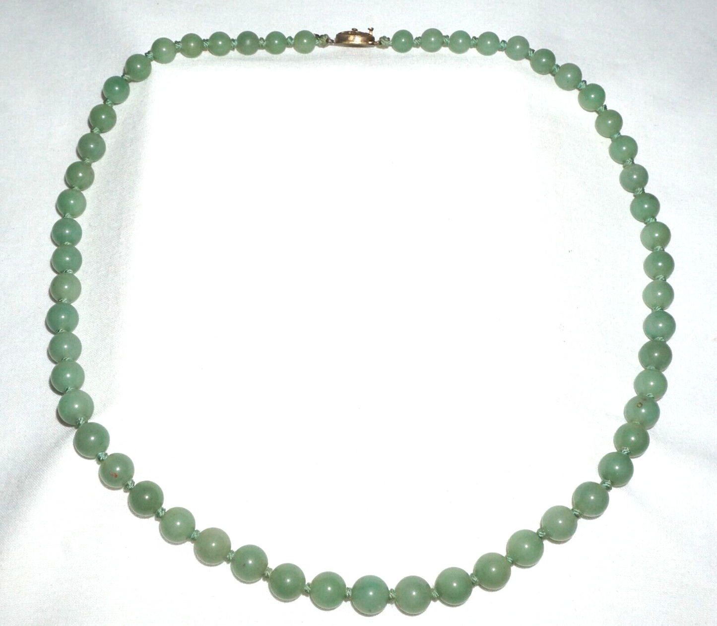 Vintage Chinese Celadon Green Jadeite Jade Bead Necklace w. Silver Clasp  (---)