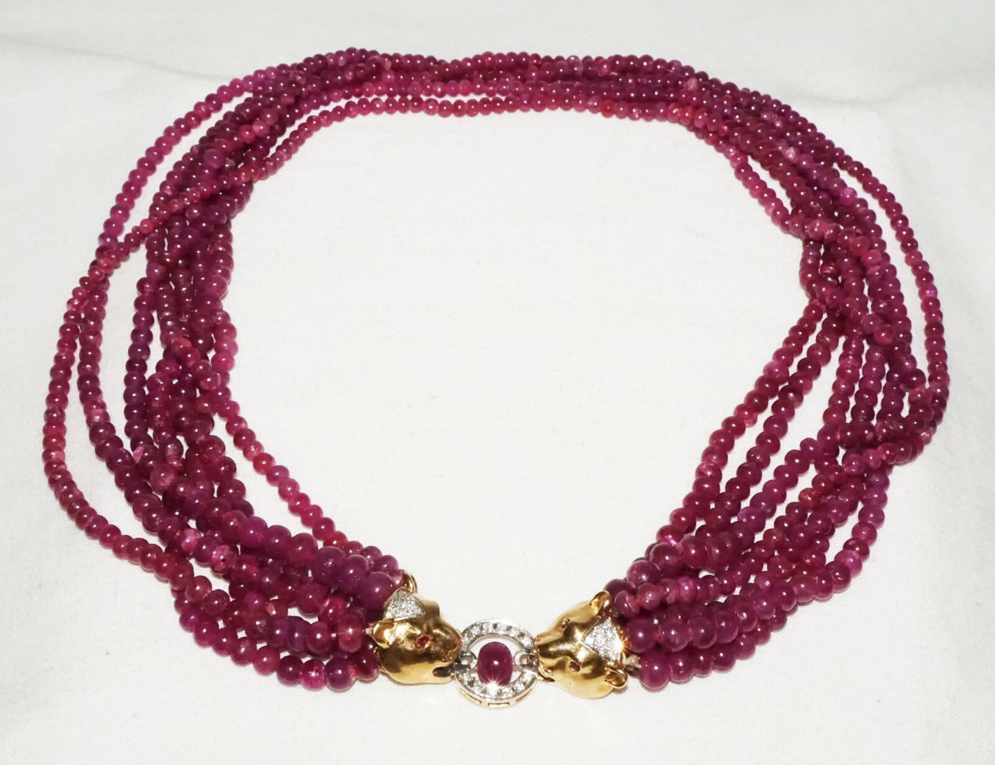 Vintage 7x Strand Ruby Bead Necklace w. 14k Y. Gold Double Leopard Clasp  (LeD)