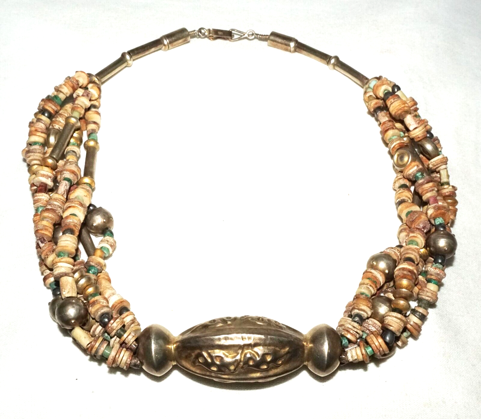 12C Peru Chimu Excavated Shell & Stone Bead Necklace w. Silver Clasp  (DaJ)