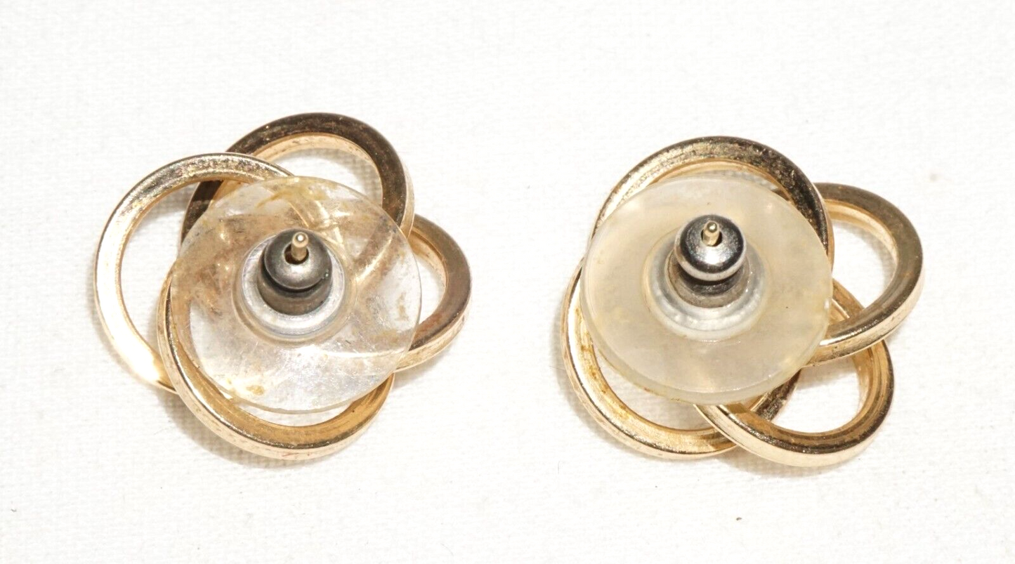 Pair Vintage Modernist 14k Yellow Gold Quadruple Ring Design Earrings  (***)