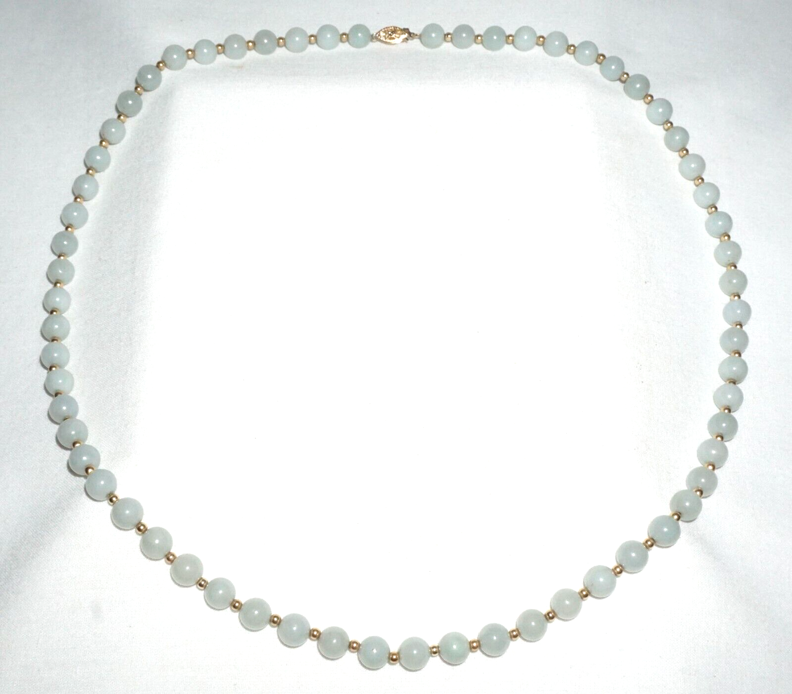 Vintage Chinese Jadeite Jade & Gold Spacer Bead Necklace w. 14k Clasp  (---)