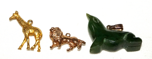 3Pc US UK 9k/14k Gold & Jade Animal Charms Giraffe, Lion, Sea Lion  (KoS) L23