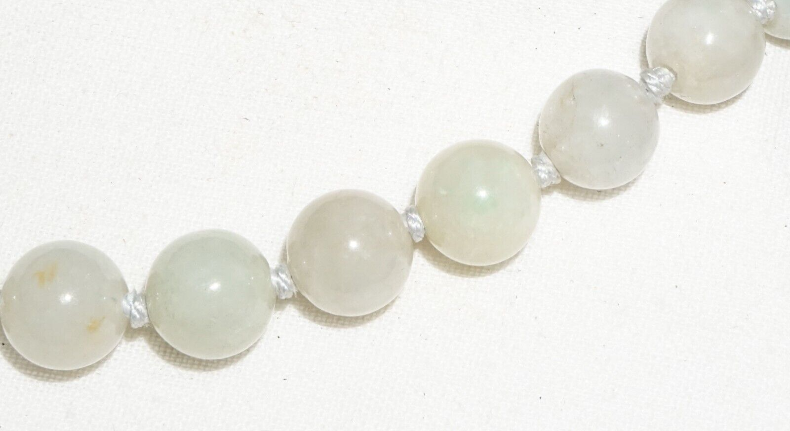 Vintage Chinese Grey Green Jadeite Jade Bead Necklace w. Gold Pl. Silver Clasp#2