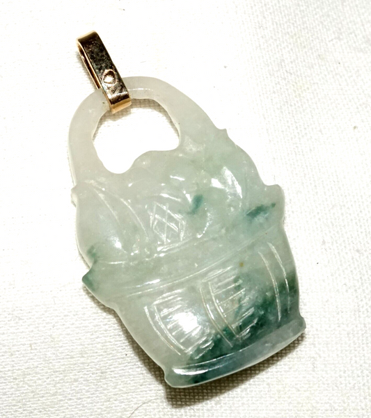 Vintage Chinese 14k Y. Gold White & Spinach Jadeite Jade Basket Pendant (LeS)L24