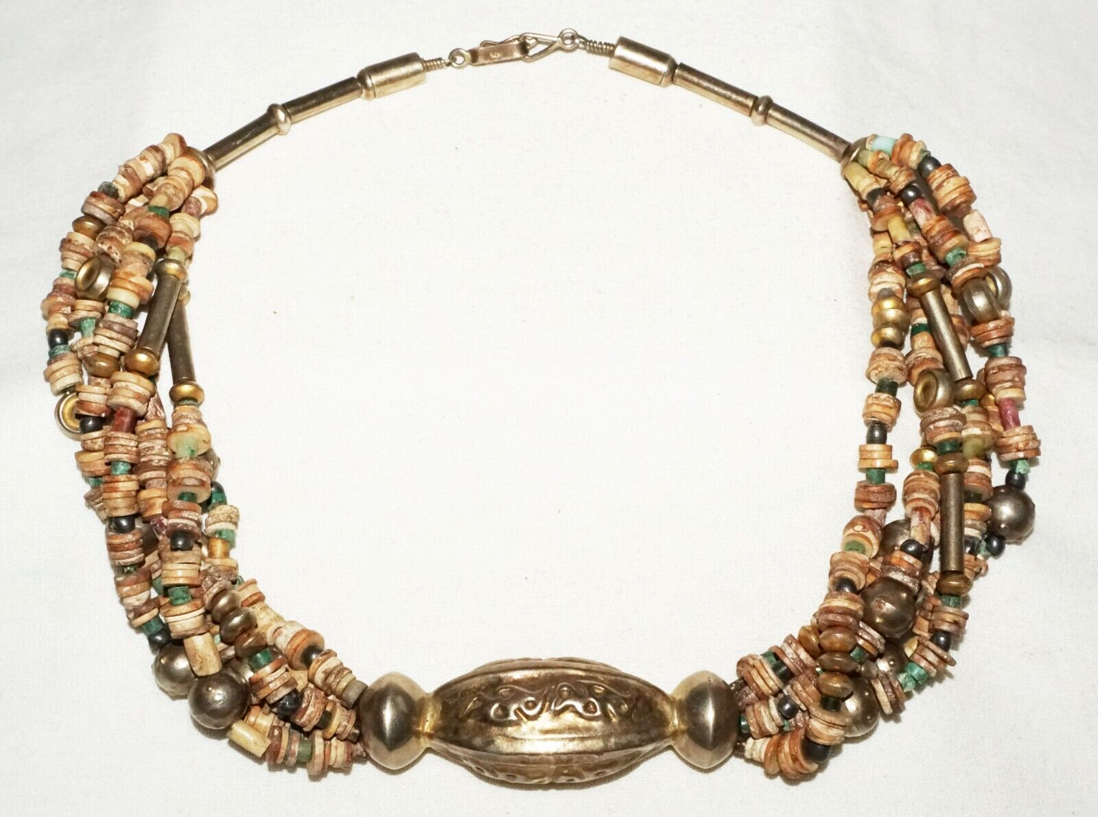 12C Peru Chimu Excavated Shell & Stone Bead Necklace w. Silver Clasp  (DaJ)