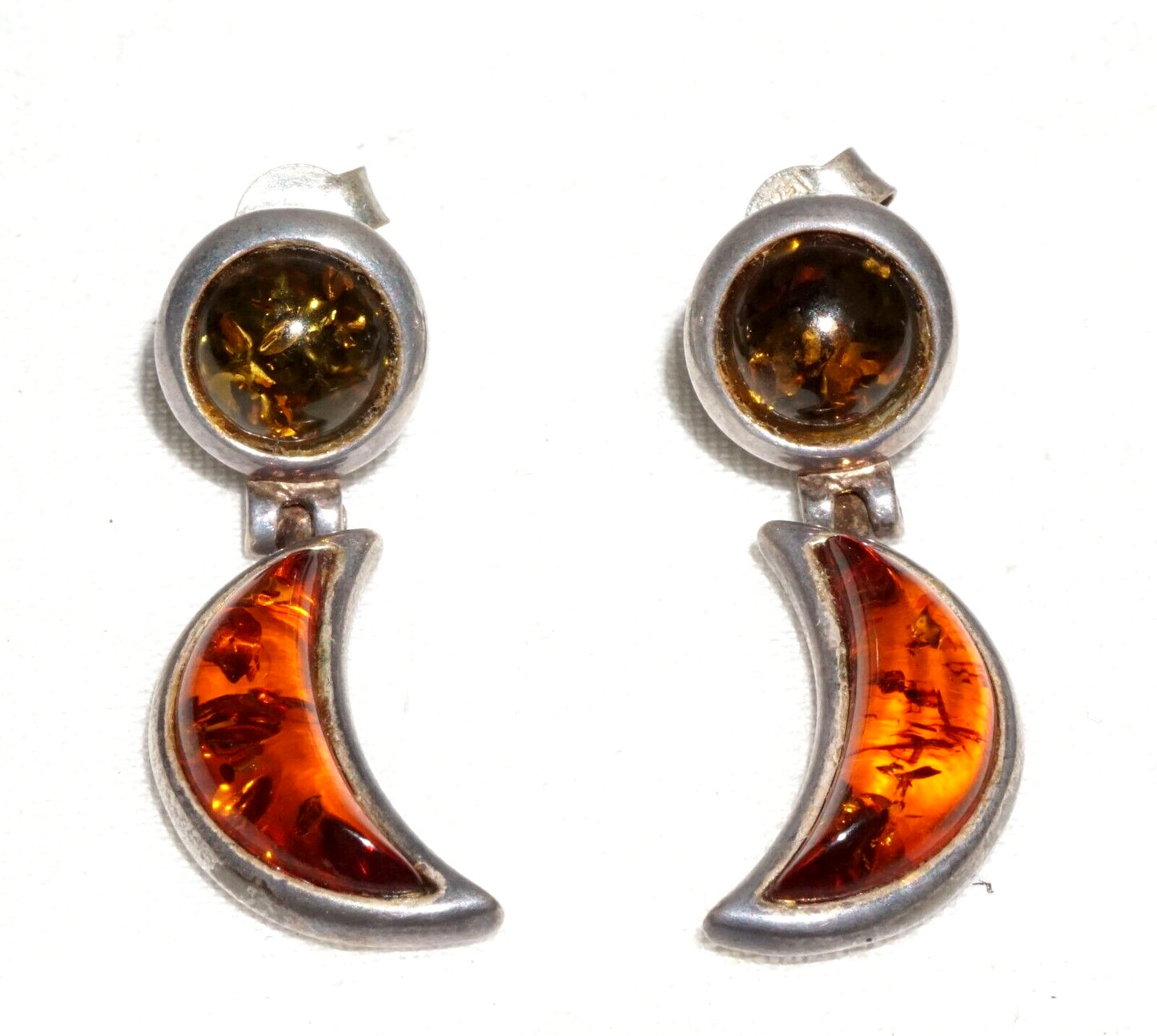 Pair Vintage Sterling Silver & Amber Hinged Dangle Earrings  (JoD)