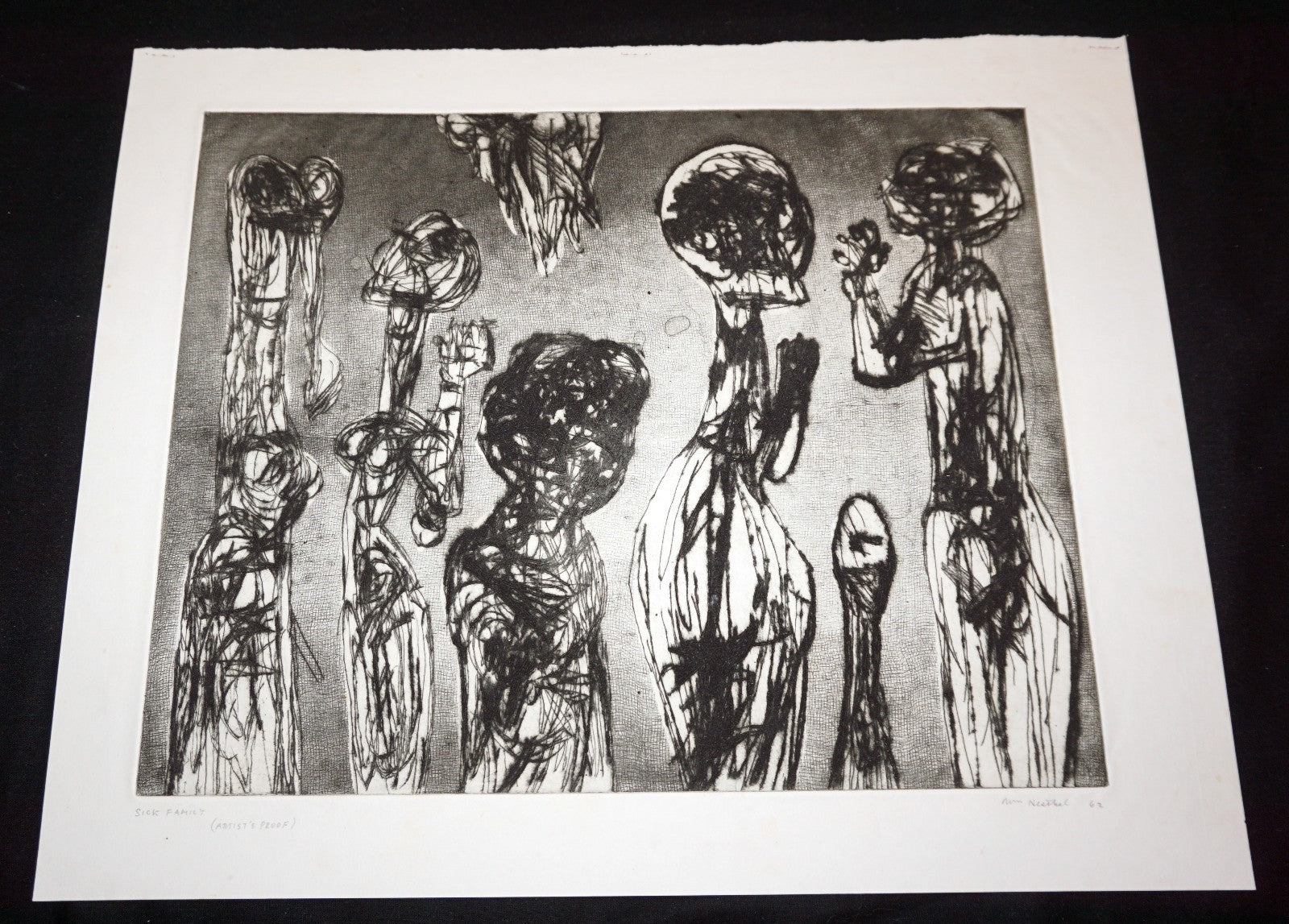 '62 California Abstract Etching Print "Sick Family"  by William Hesthal (Mod)