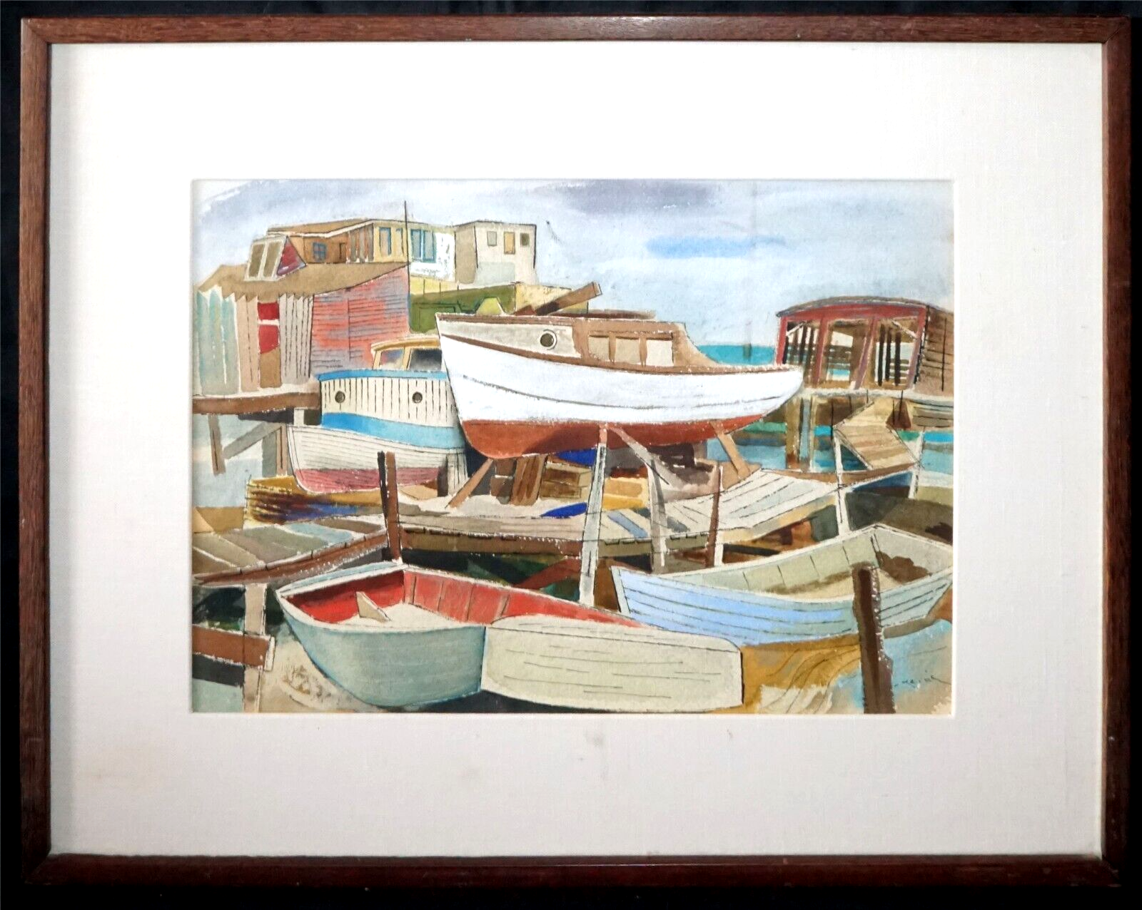 1948 Hawaii Watercolor Painting Boat Harbor II by Keiichi Kimura (1914-88) (PeNe