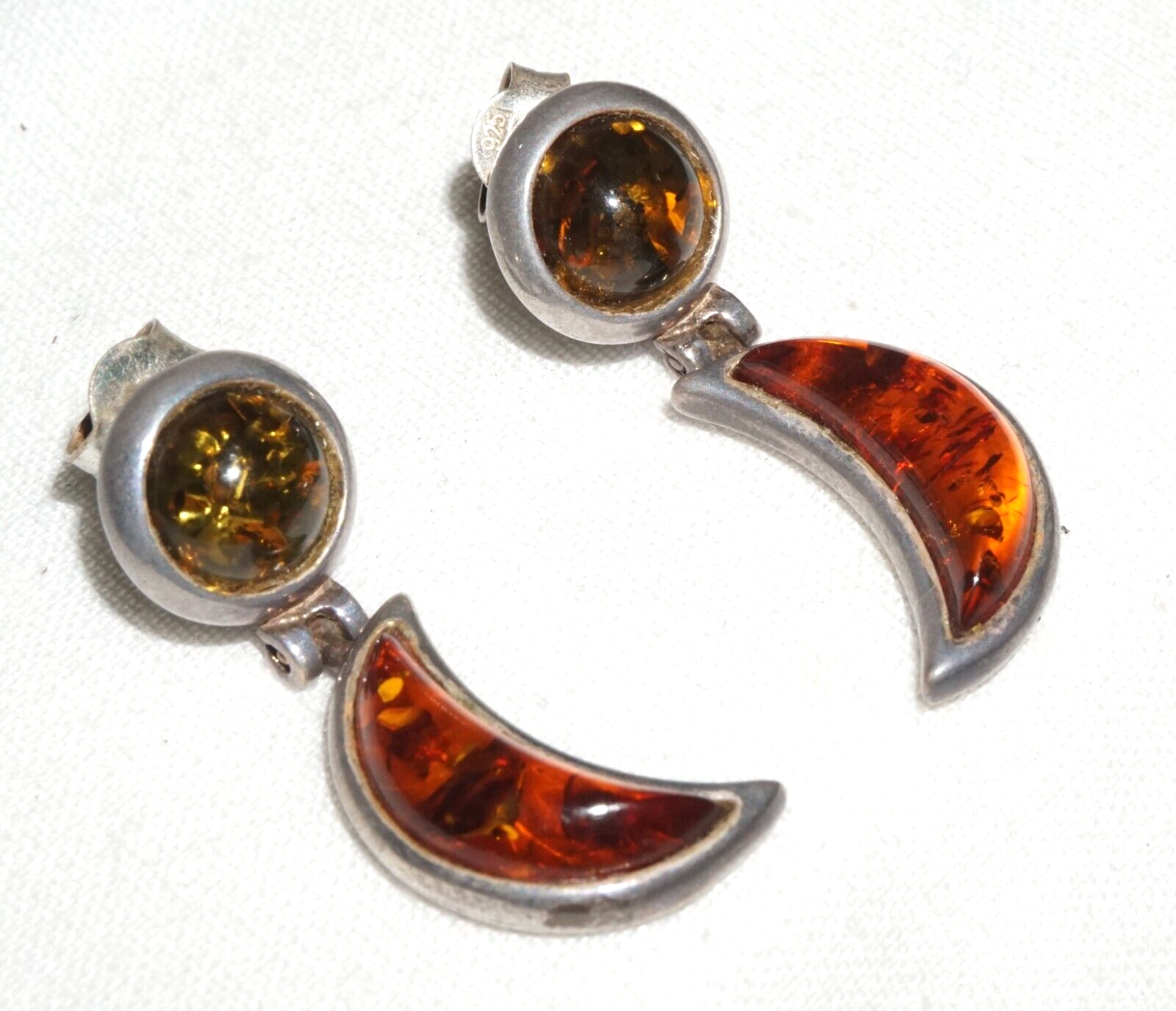 Pair Vintage Sterling Silver & Amber Hinged Dangle Earrings  (JoD)