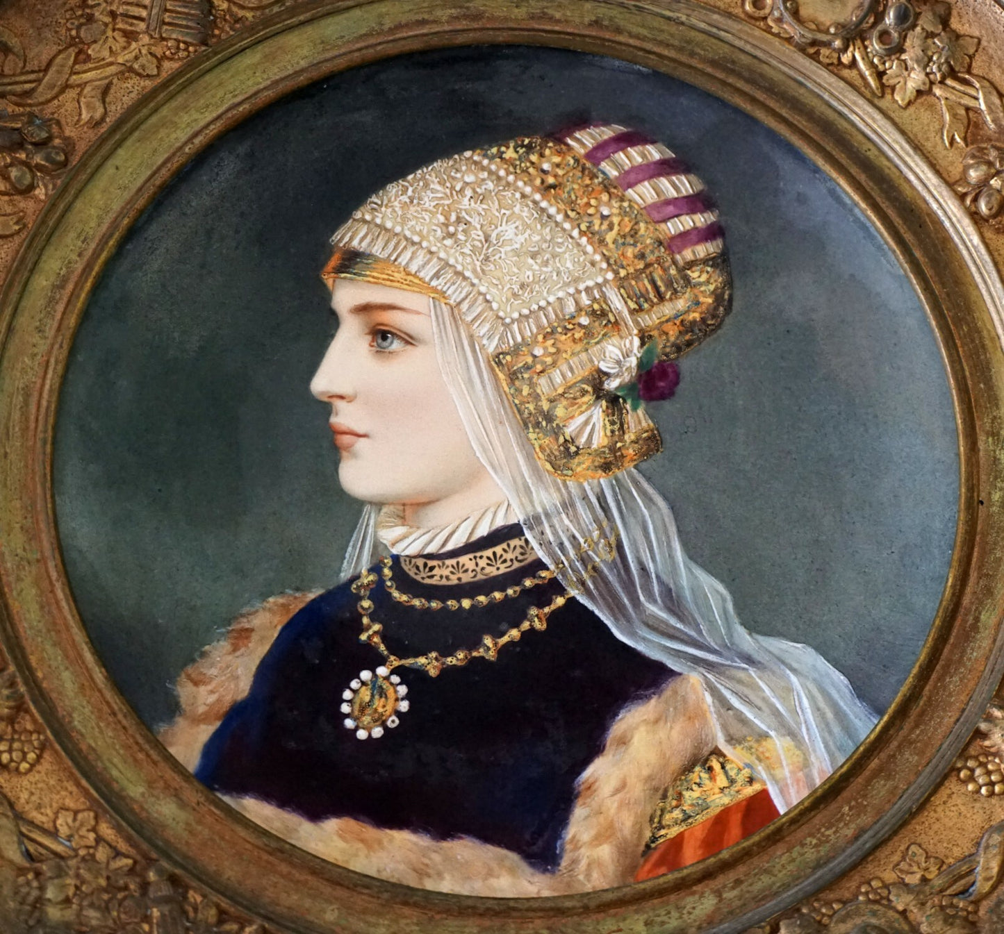 Continental Porcelain & Enamel Female Portrait Painting Gilt Bronze Frame (RiS)