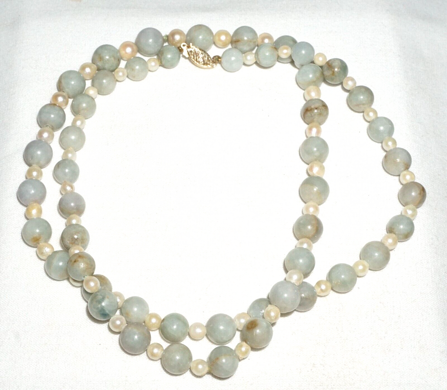 Vintage Chinese Jadeite Jade & Pearl Spacer Bead Necklace w. 14k Clasp  (---)