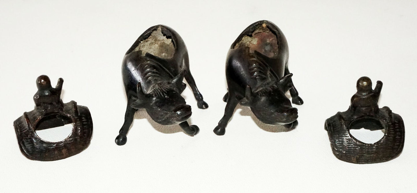 Pair Japanese Meiji Small Bronze Incense Burner w. Figure on Ox Motif  (FLA)
