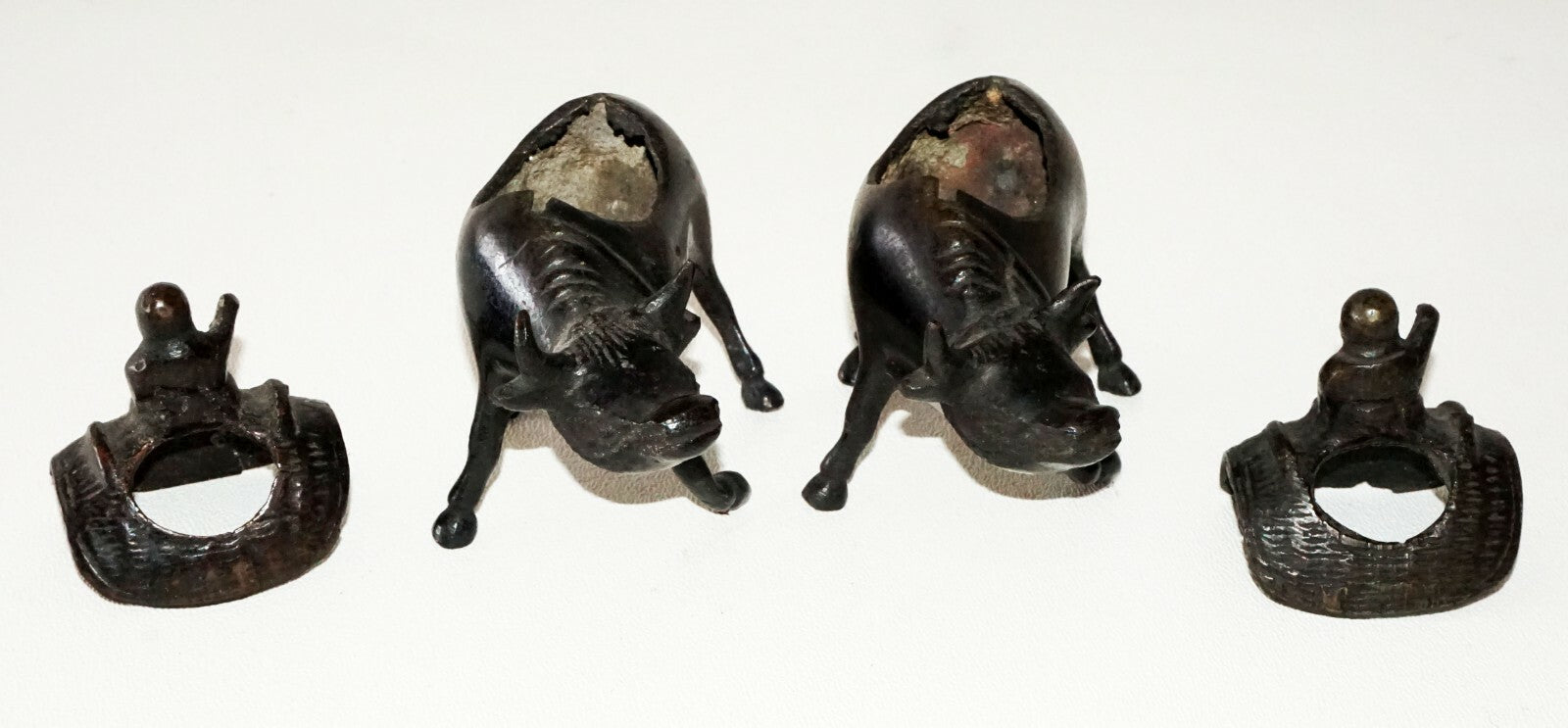 Pair Japanese Meiji Small Bronze Incense Burner w. Figure on Ox Motif  (FLA)