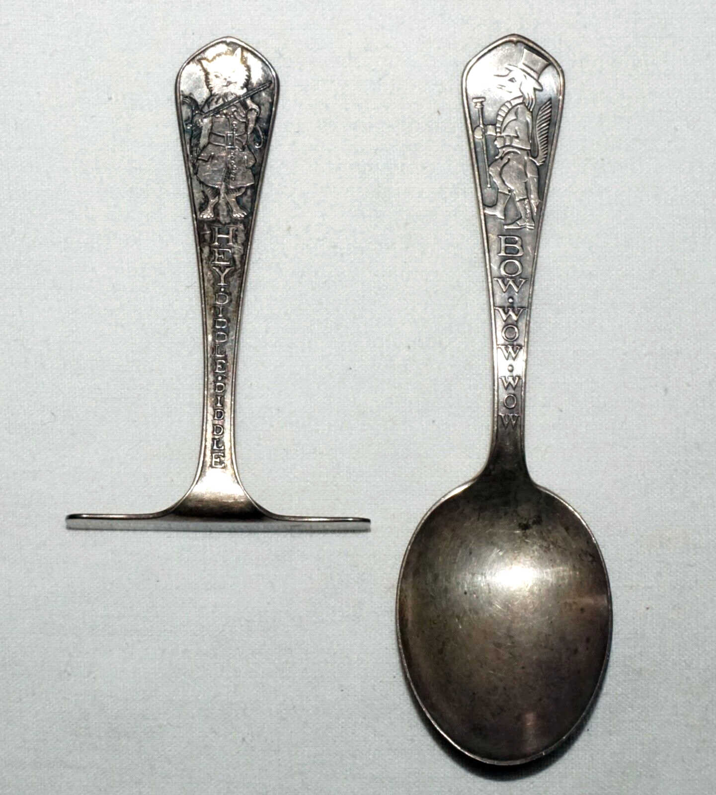 Pair 1930s US Sterling Silver Baby Utensils Bow Wow/ Hey Diddle McChesney  (CrT)