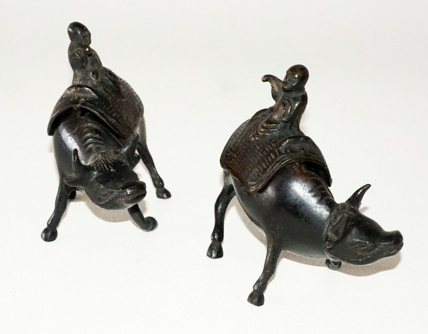 Pair Japanese Meiji Small Bronze Incense Burner w. Figure on Ox Motif  (FLA)