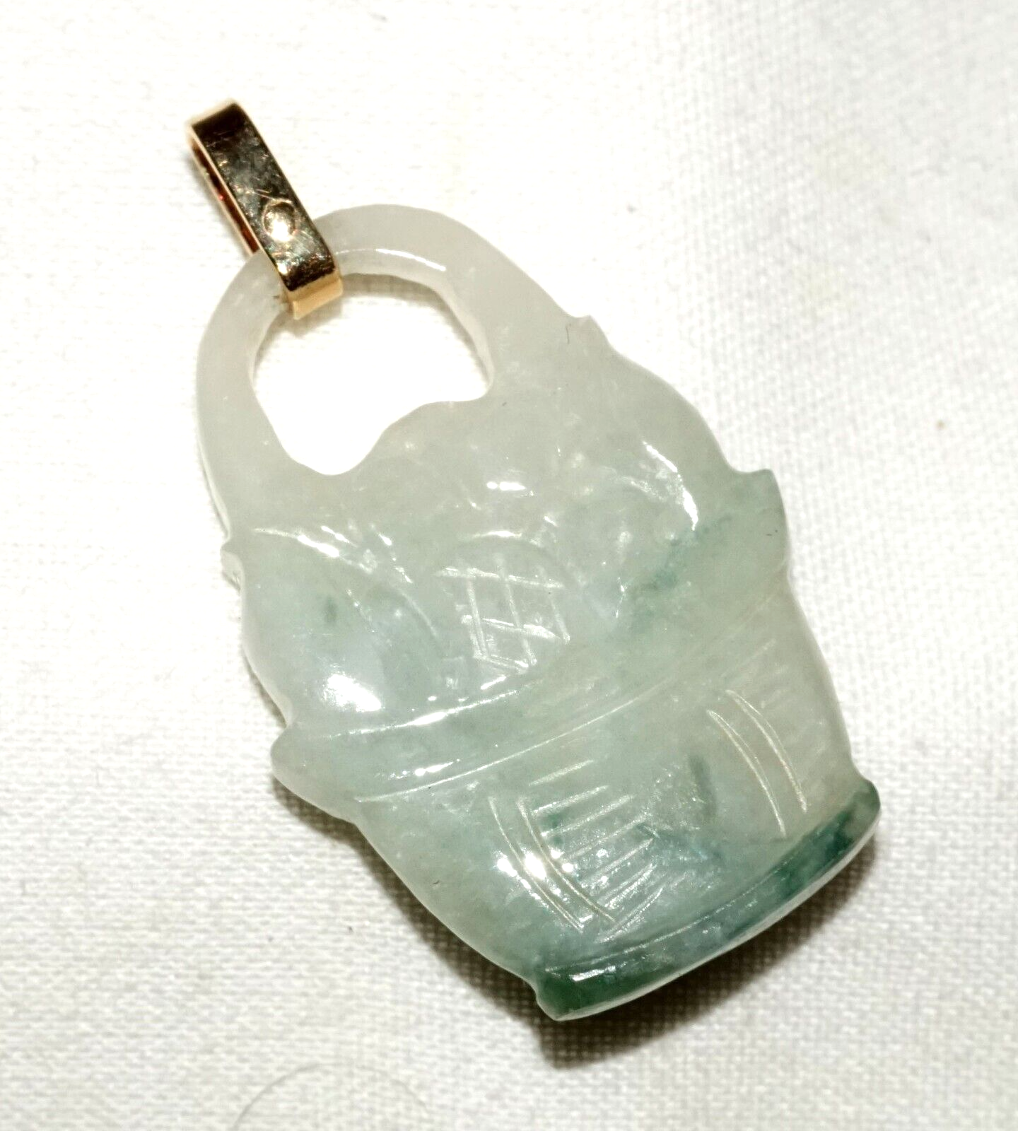 Vintage Chinese 14k Y. Gold White & Spinach Jadeite Jade Basket Pendant (LeS)L24