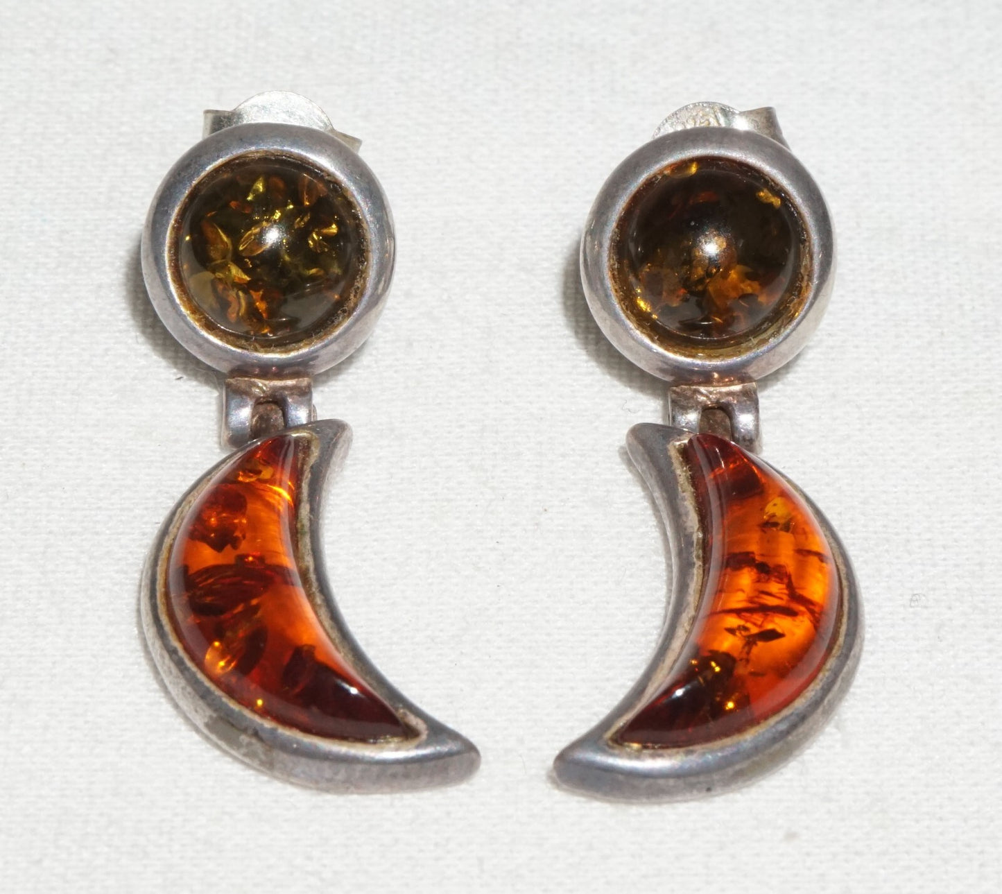 Pair Vintage Sterling Silver & Amber Hinged Dangle Earrings  (JoD)