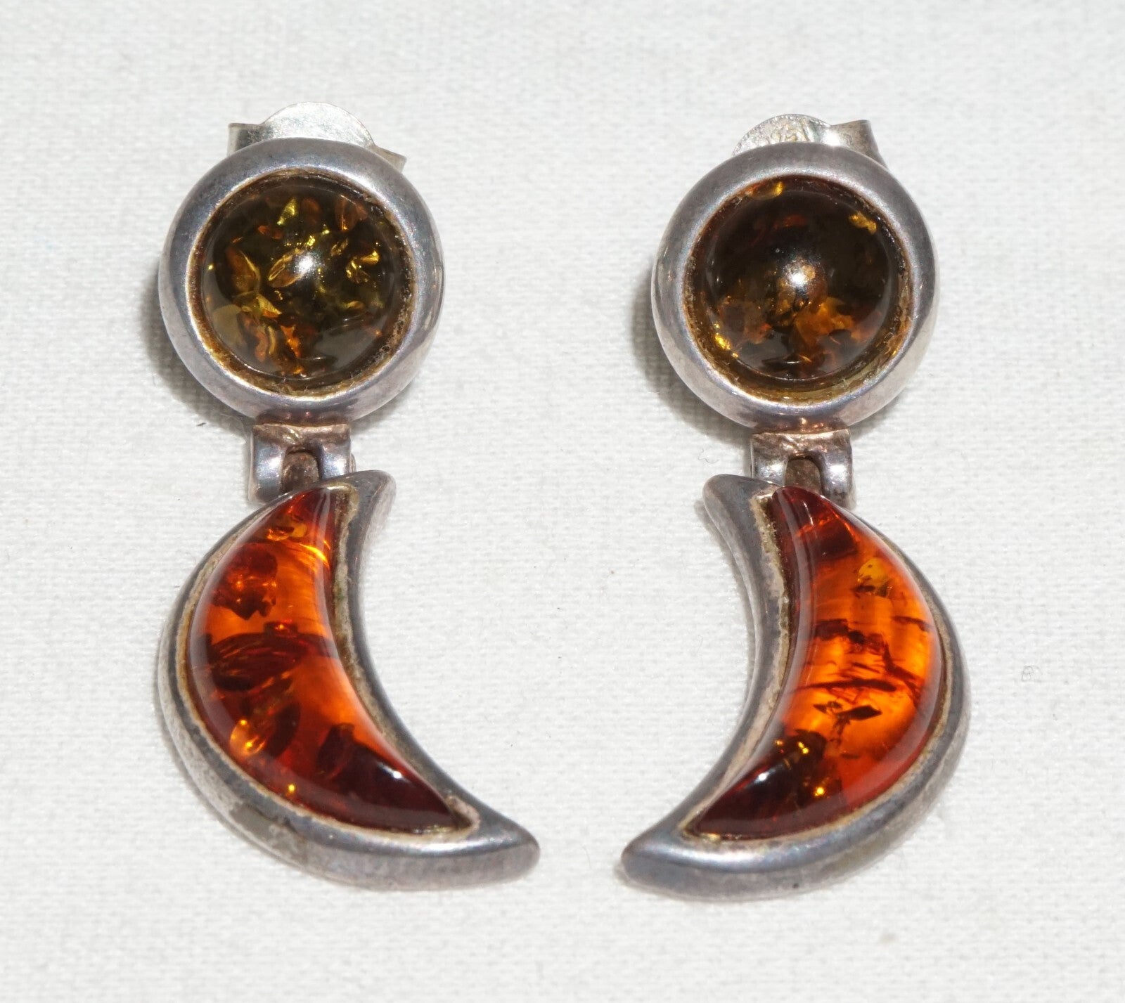 Pair Vintage Sterling Silver & Amber Hinged Dangle Earrings  (JoD)