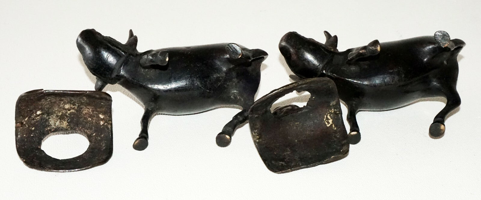 Pair Japanese Meiji Small Bronze Incense Burner w. Figure on Ox Motif  (FLA)