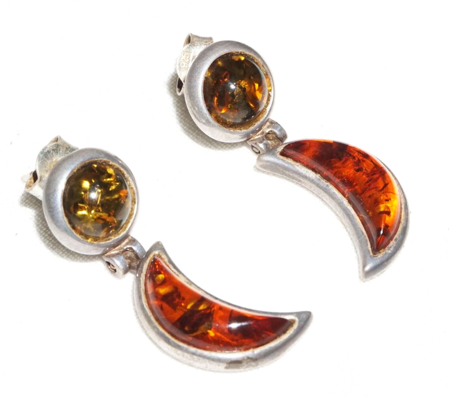 Pair Vintage Sterling Silver & Amber Hinged Dangle Earrings  (JoD)
