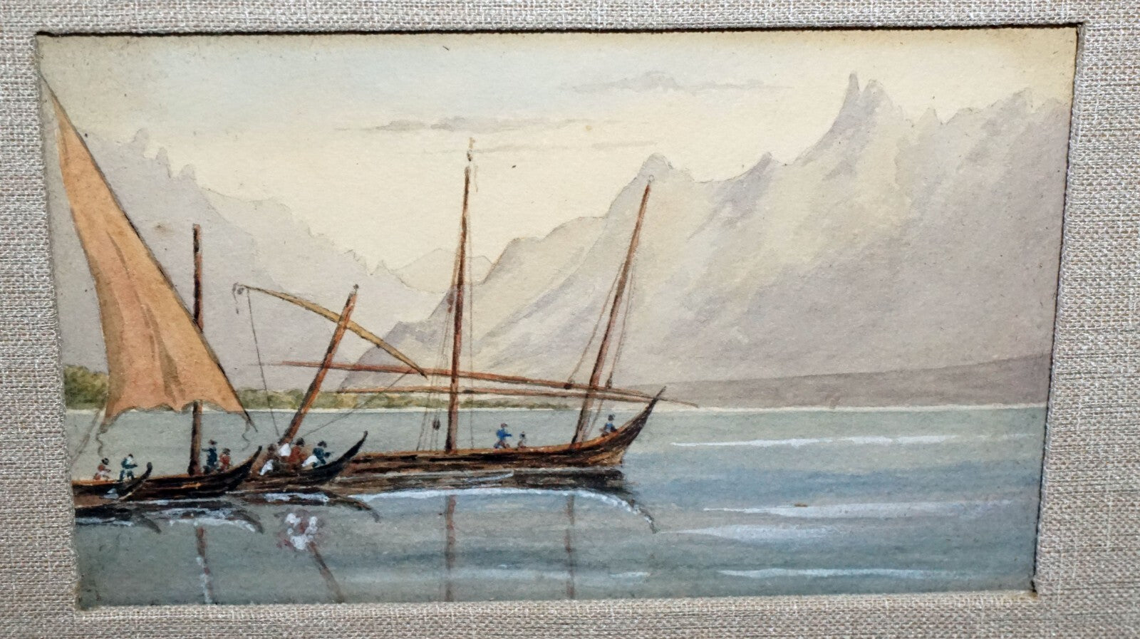Antique Italian Miniature Gouache Painting Coastal Fisherman & Boats  (New)