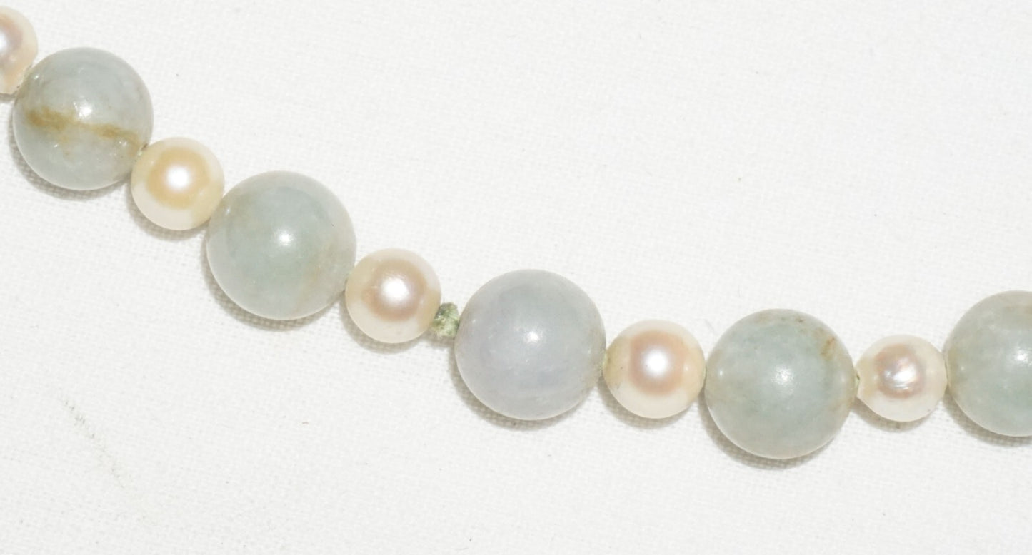 Vintage Chinese Jadeite Jade & Pearl Spacer Bead Necklace w. 14k Clasp  (---)