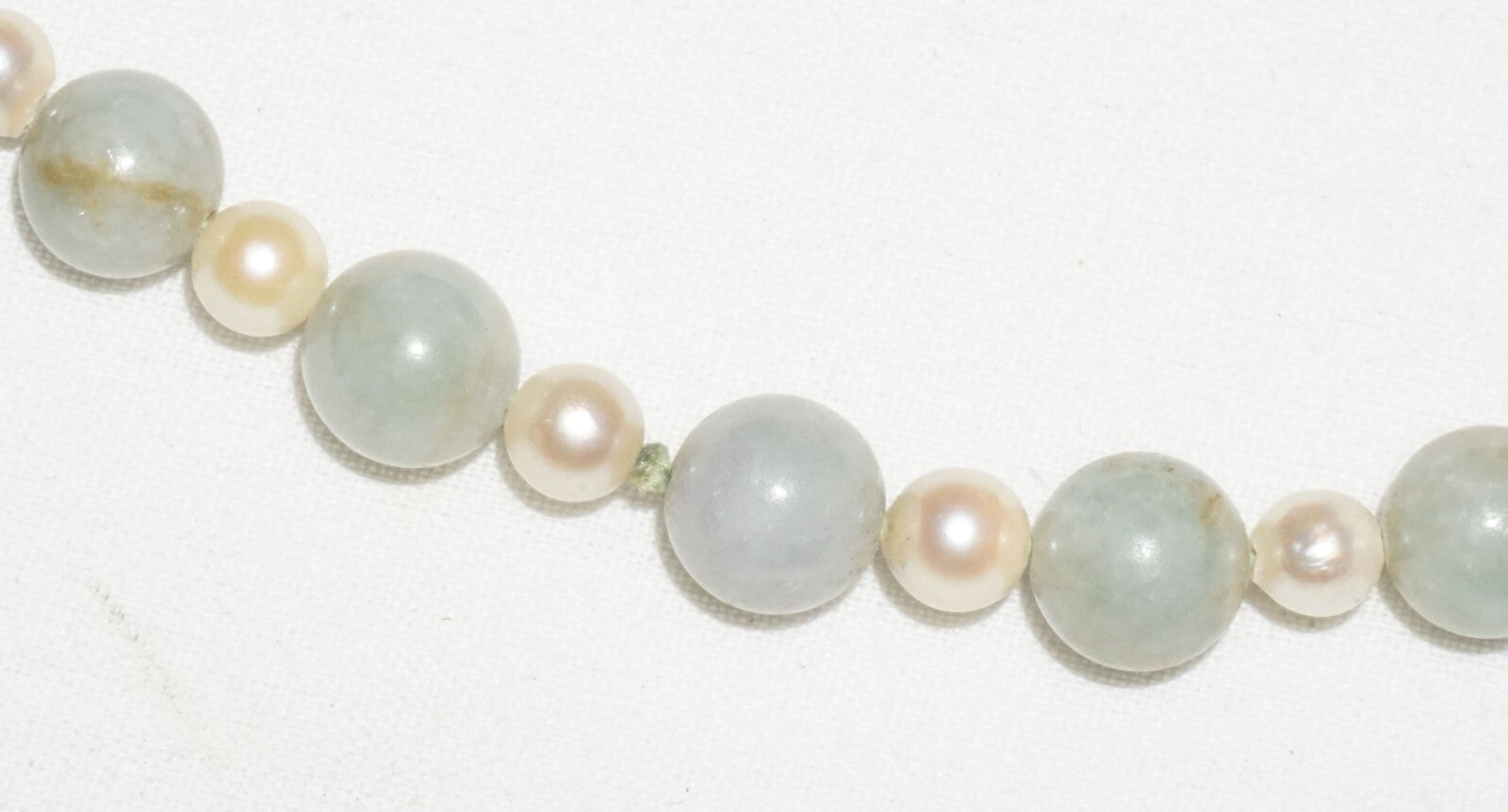 Vintage Chinese Jadeite Jade & Pearl Spacer Bead Necklace w. 14k Clasp  (---)