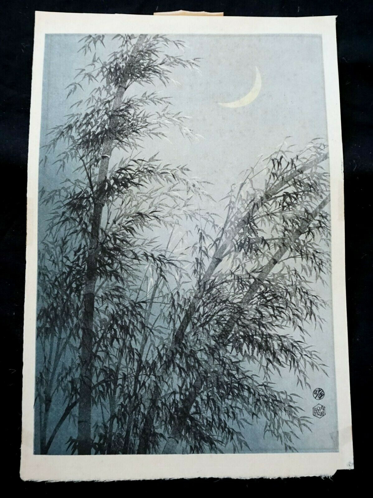 50s Japanese Woodblock Print Bamboo Trees & Crescent Moon  Kotozuka Eiichi (MoP)