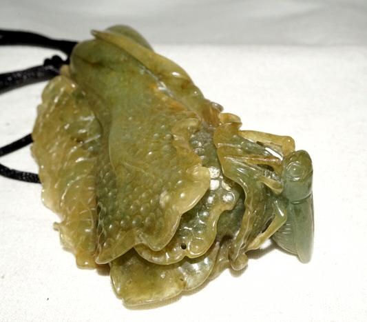 Vintage Chinese Green Jade Cabbage & Bug Motif Large Carved Pendant  (LeS)L20
