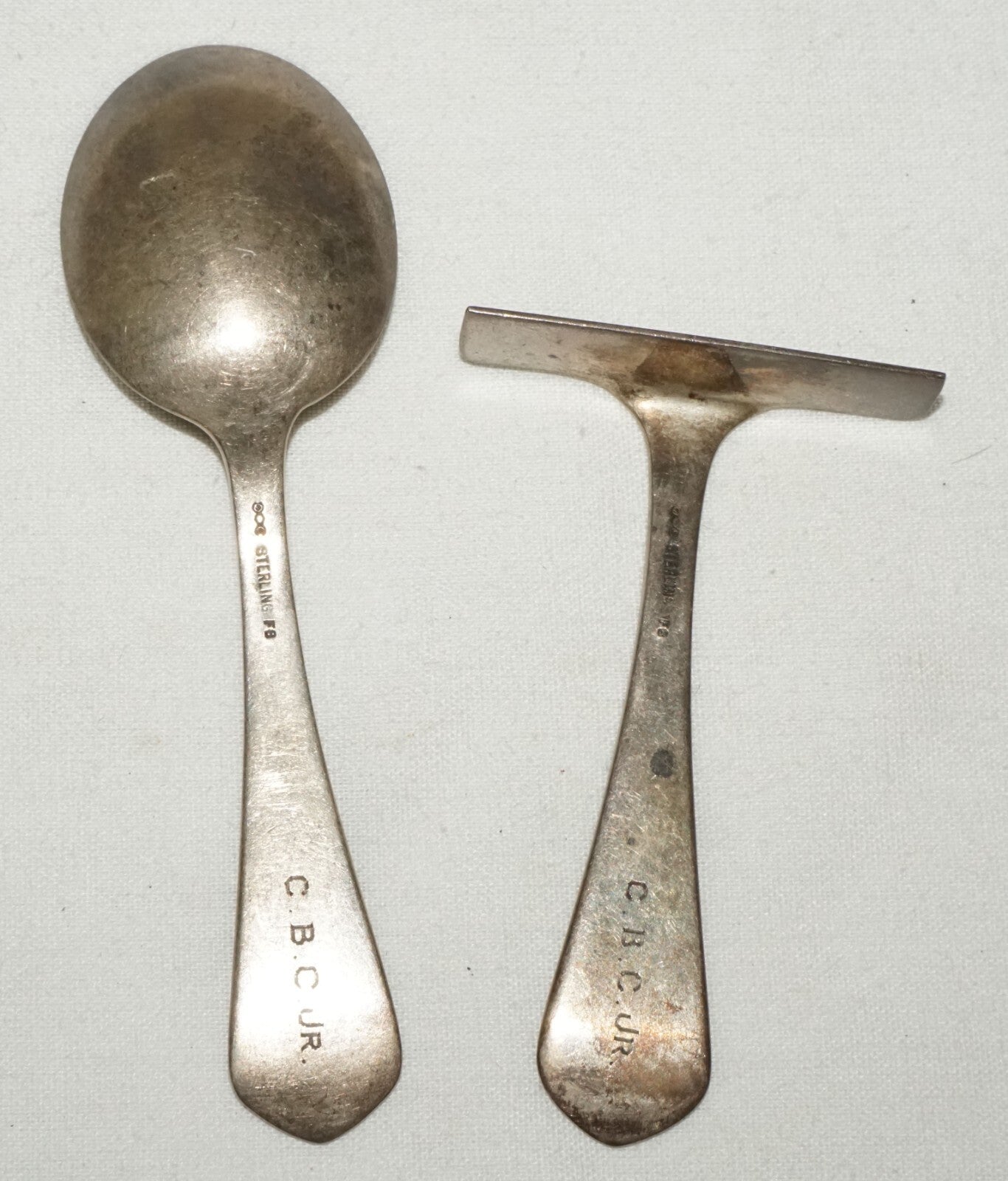 Pair 1930s US Sterling Silver Baby Utensils Bow Wow/ Hey Diddle McChesney  (CrT)