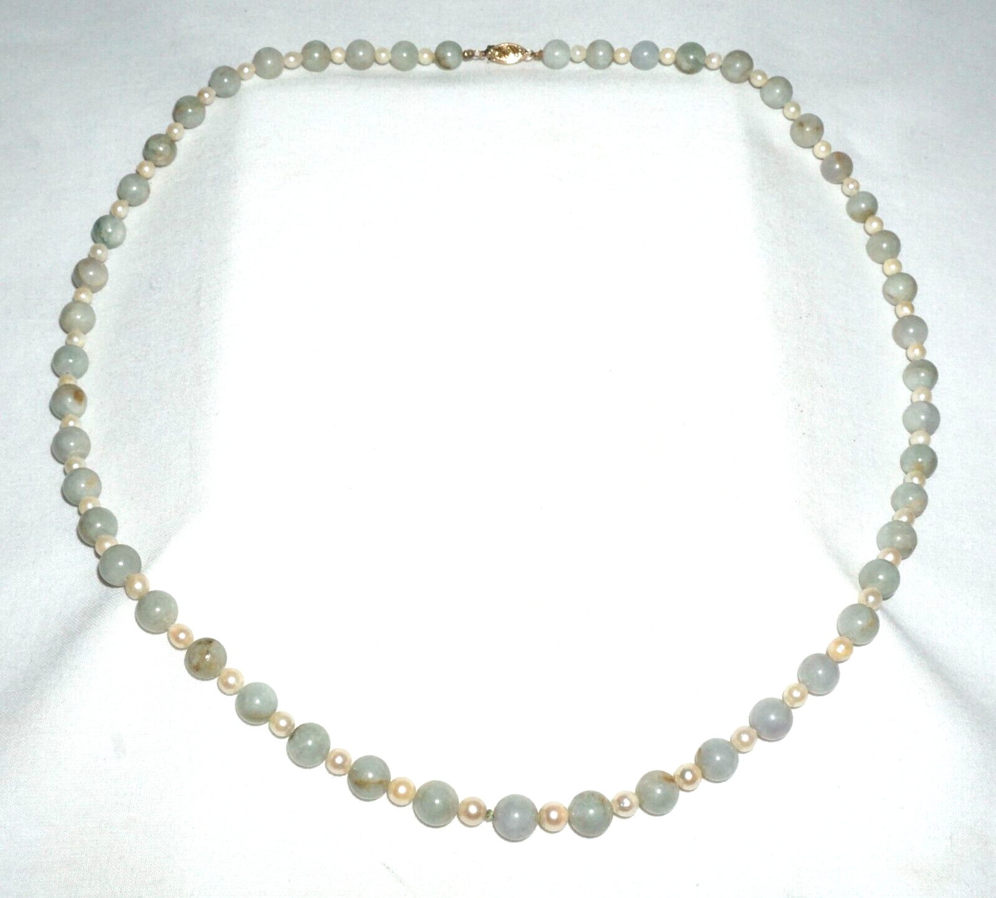 Vintage Chinese Jadeite Jade & Pearl Spacer Bead Necklace w. 14k Clasp  (---)