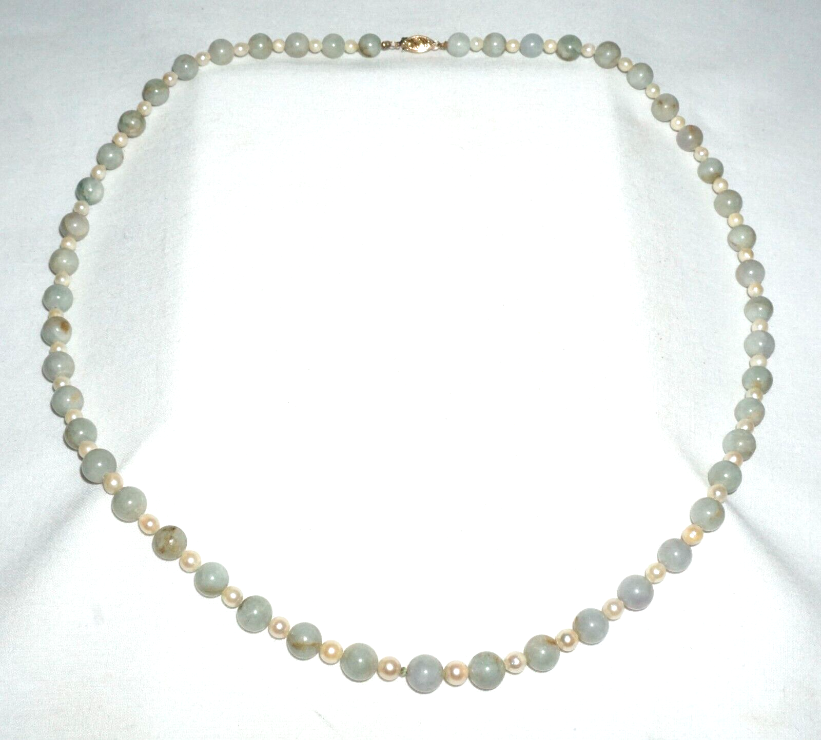 Vintage Chinese Jadeite Jade & Pearl Spacer Bead Necklace w. 14k Clasp  (---)