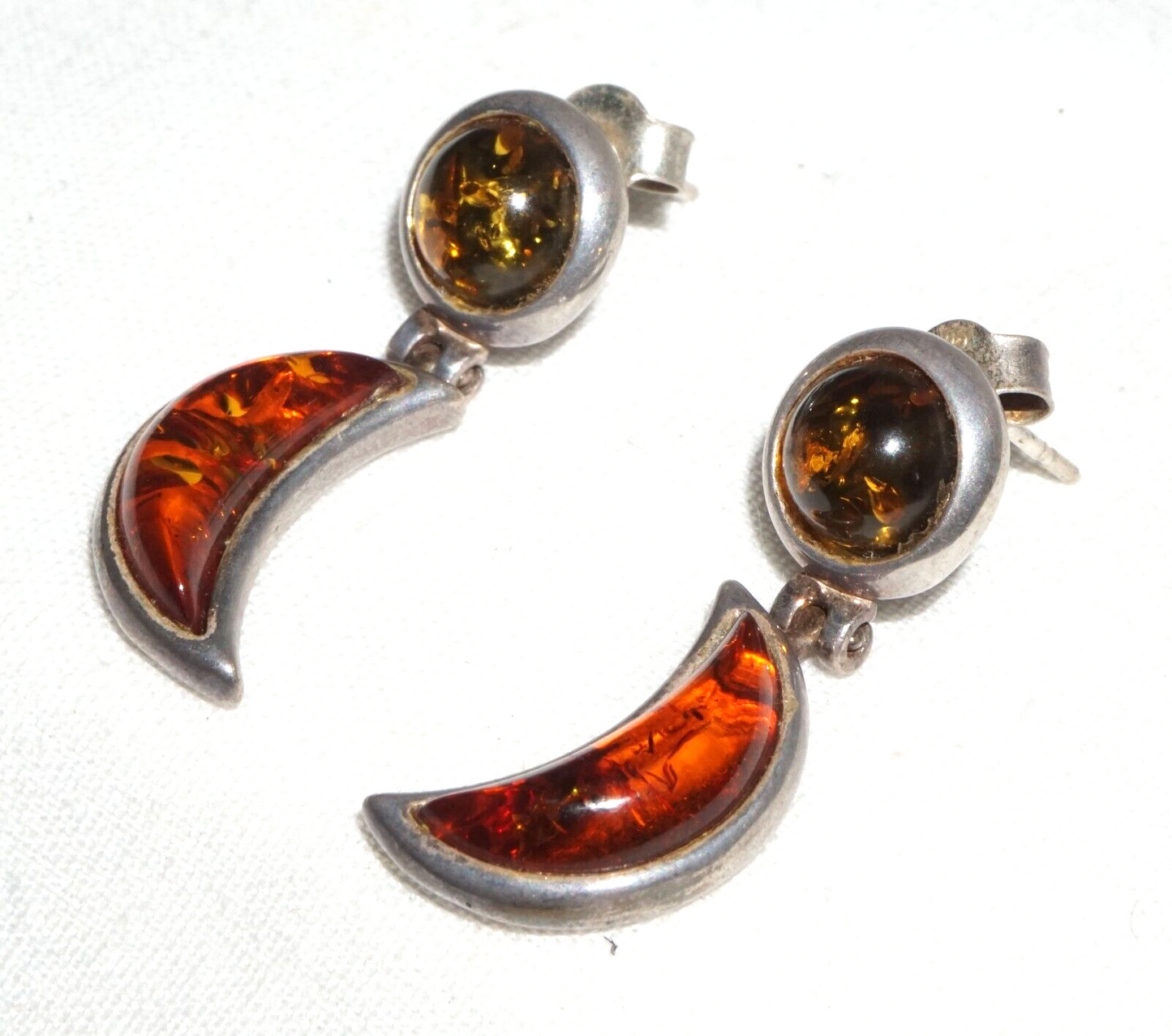 Pair Vintage Sterling Silver & Amber Hinged Dangle Earrings  (JoD)