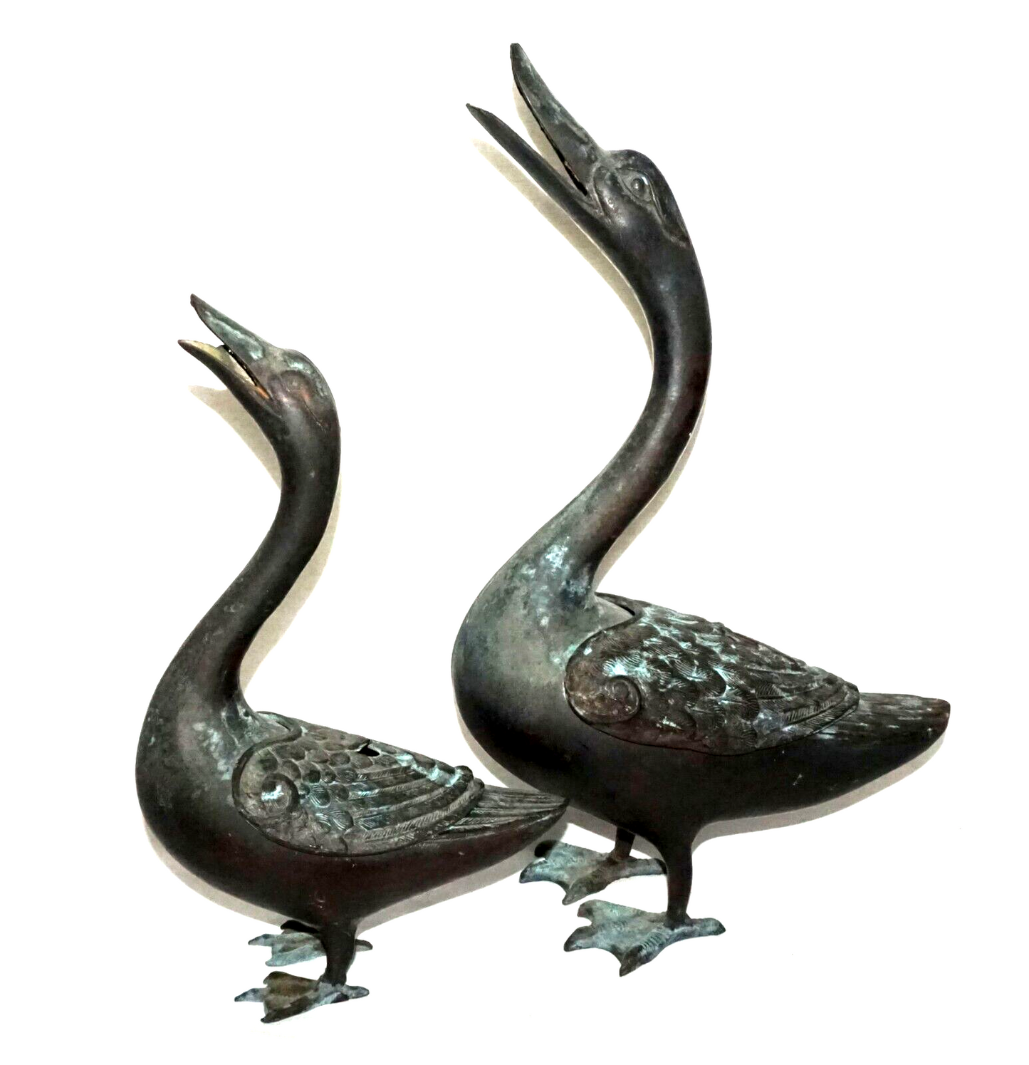 2Pc Chinese Bronze Incense Burners w. Squawking Geese Motif  (NiC)