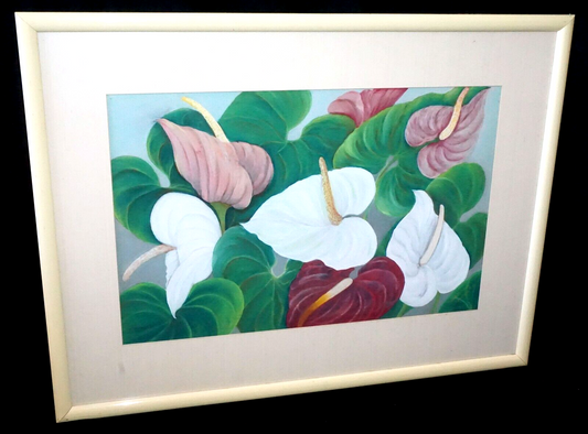 1950s Hawaii Koa Watercolor & Pastel Painting Hibiscus by Maude Horton (New)