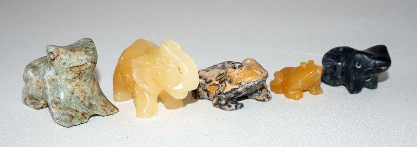 5Pc Chinese Jade & Hard-stone Carved Animals Toads, Frogs, Elephant  (DeL)#9a