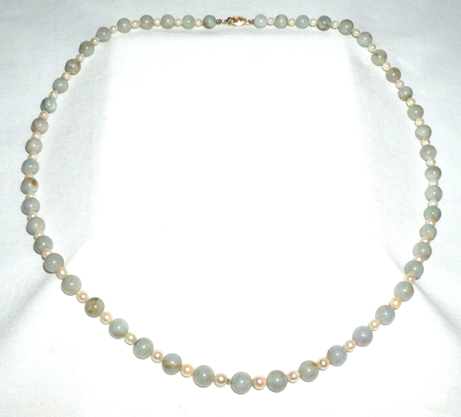 Vintage Chinese Jadeite Jade & Pearl Spacer Bead Necklace w. 14k Clasp  (---)