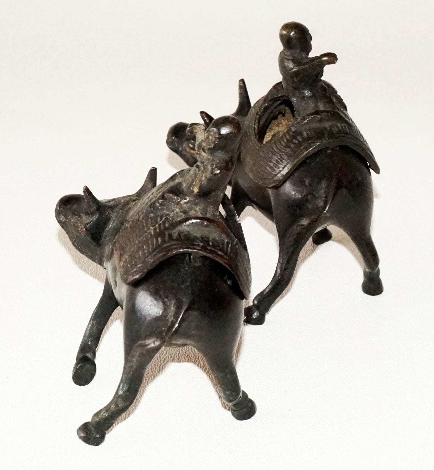 Pair Japanese Meiji Small Bronze Incense Burner w. Figure on Ox Motif  (FLA)