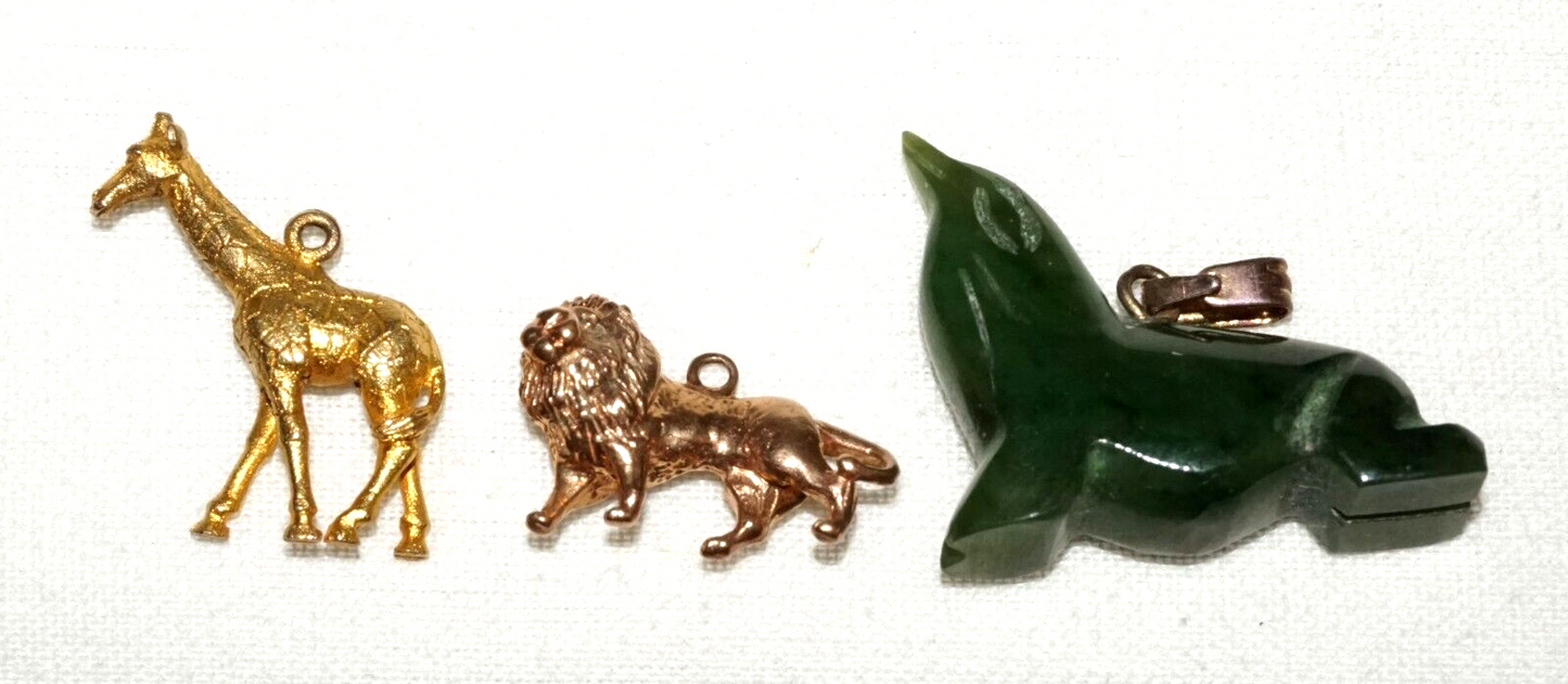 3Pc US UK 9k/14k Gold & Jade Animal Charms Giraffe, Lion, Sea Lion  (KoS) L23
