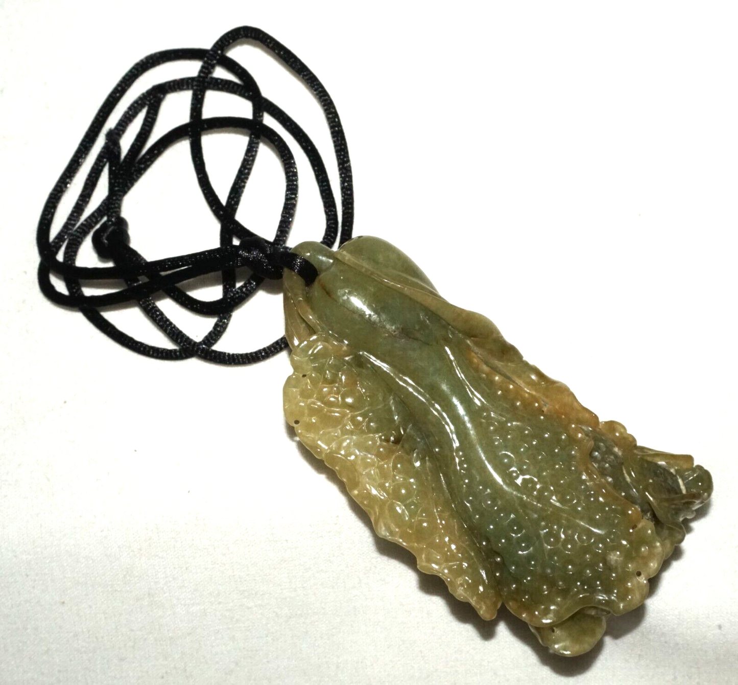 Vintage Chinese Green Jade Cabbage & Bug Motif Large Carved Pendant  (LeS)L20