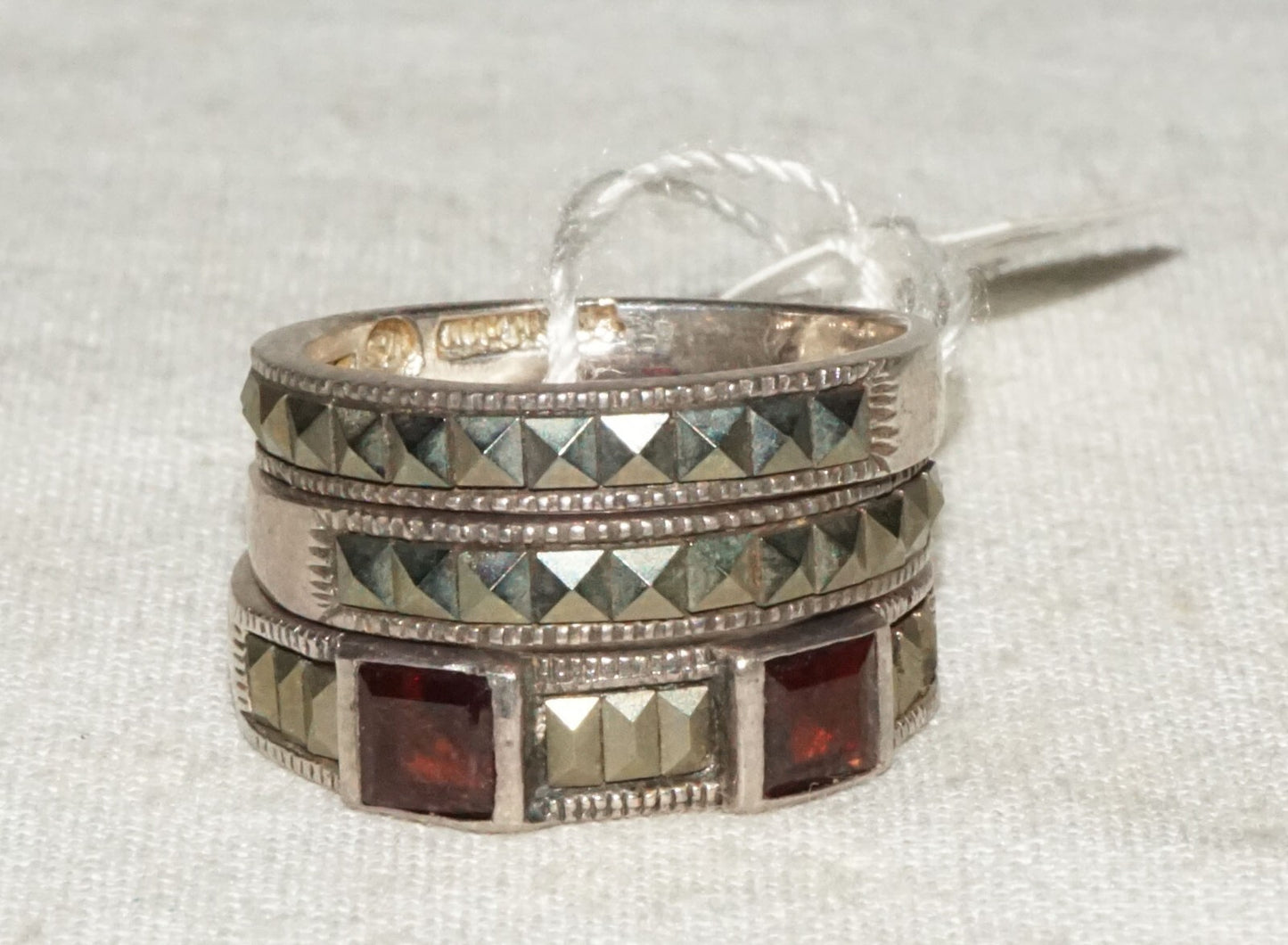 3Pc Thai Sterling Silver Rings Sz.6/6.25 Marcasite & Garnet Accents  (KiL)