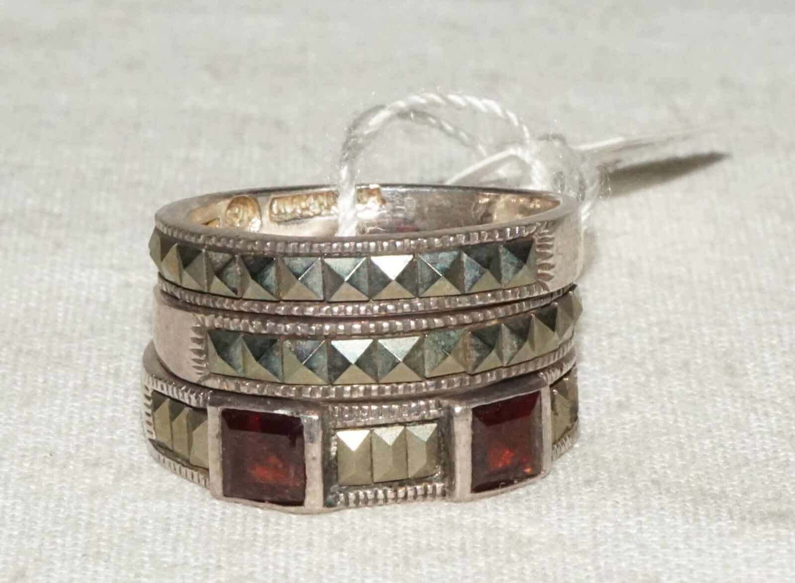 3Pc Thai Sterling Silver Rings Sz.6/6.25 Marcasite & Garnet Accents  (KiL)