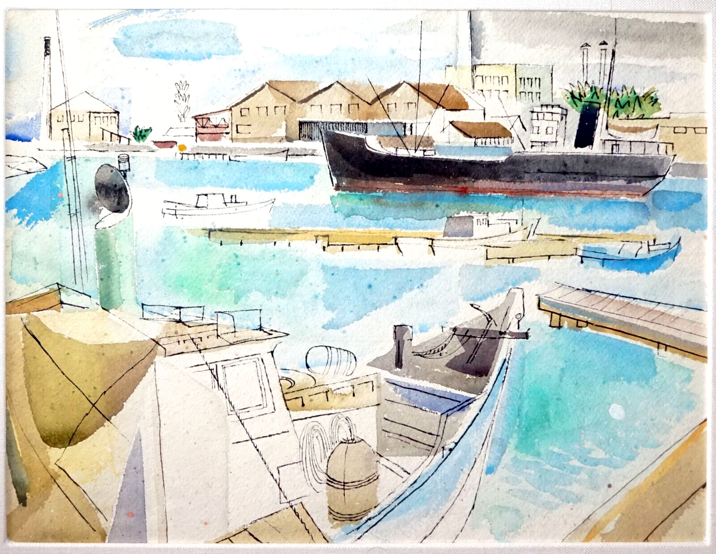 1960 Hawaii Watercolor Painting Honolulu Harbor by Keiichi Kimura (1914-88)(PeNe