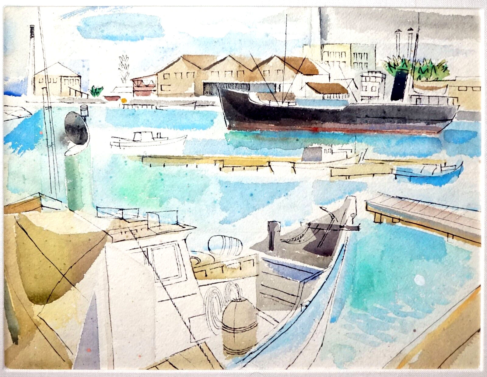 1960 Hawaii Watercolor Painting Honolulu Harbor by Keiichi Kimura (1914-88)(PeNe