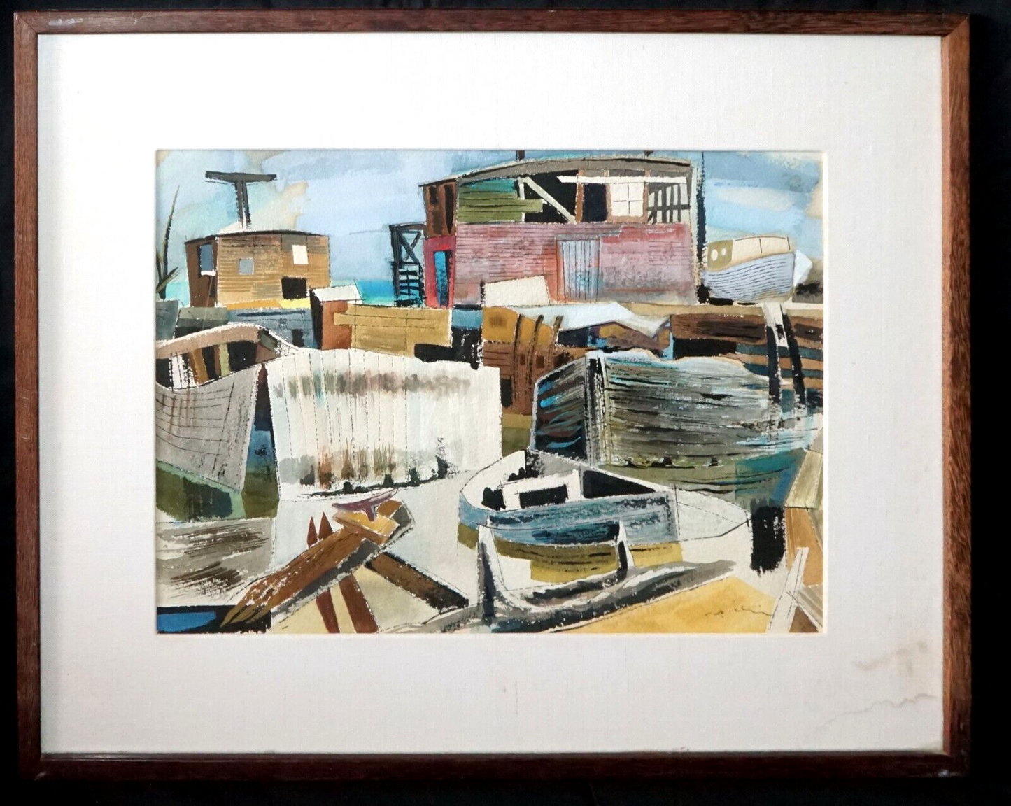 1948 Hawaii Watercolor Painting Boat Harbor I by Keiichi Kimura (1914-88) (PeNe